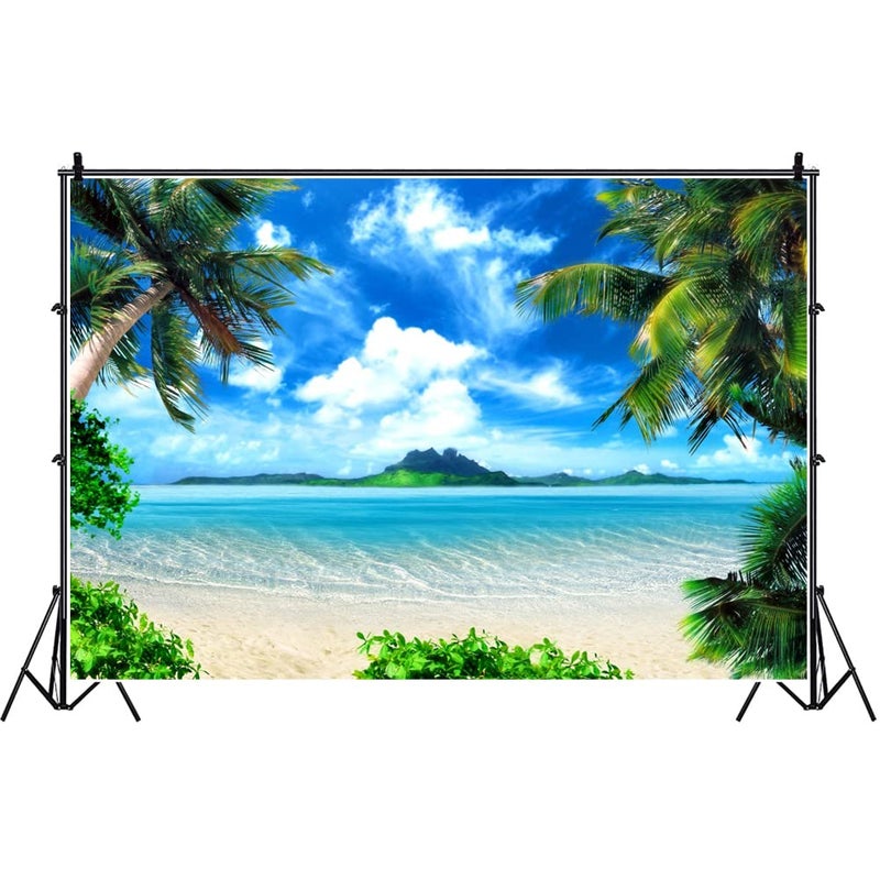 Laeacco 10x8ft Seaside Beach Vinyl Photography Background Summer Blue Sky White Clouds Island Palms Sea Waves Soft Sand Backdrop Wedding Banner Landscape Seascape Wallpaper Luau Shoot Studio Props - Image 1